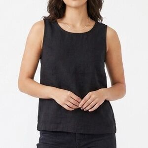 ELK Linen Tank Top Sleeveless Back Snap Button Black Minimalist Blouse